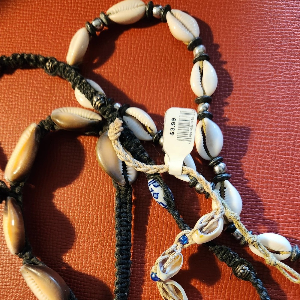 90s Vintage Hemp Unisex Lot 3 Chokers & 1 Bracelet - Cowrie Shell & Bead